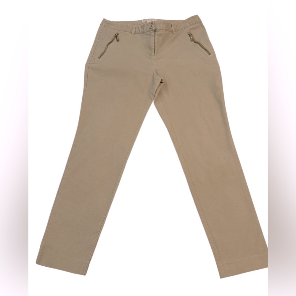 Michael Kors Beige Flat Front Capri Pants Gold Tone Zipper Pocket Stretch
